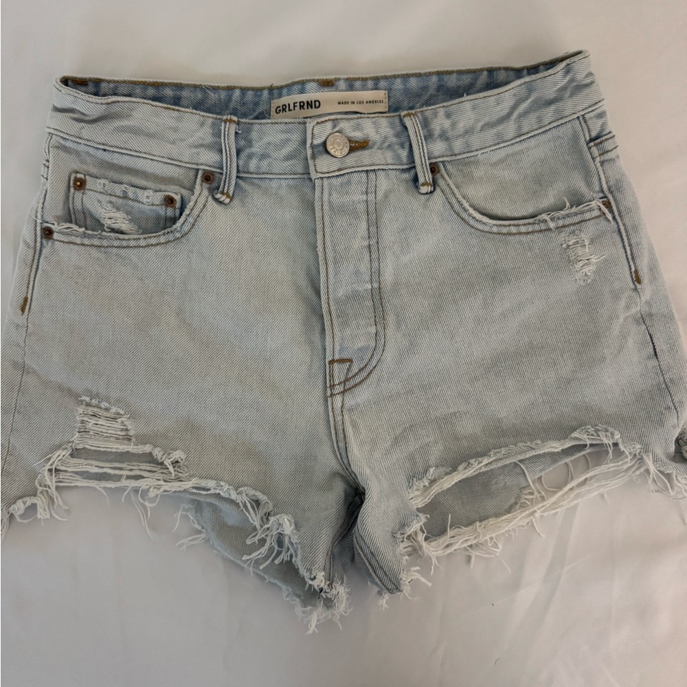 GRLFRND Helena Shorts Size 25 | Distressed Light Wash Raw Hem